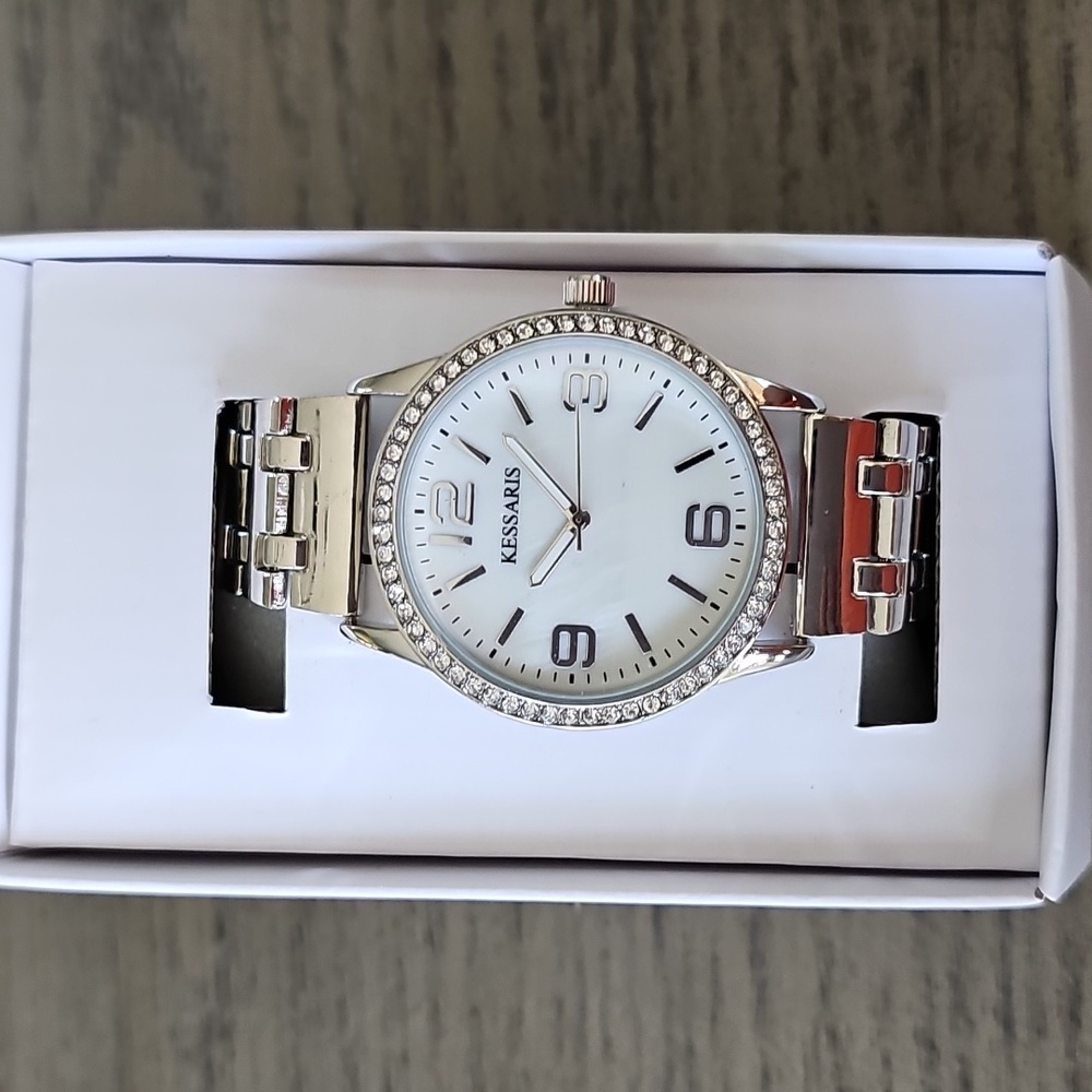 Kessaris Watch Womens Silver Tone Stainless Steel White Dial Rhinestones NEW